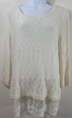Dressbarn Cream Beige Loose Knit Layered Lace Hem Top 1X Plus Lightweight Soft